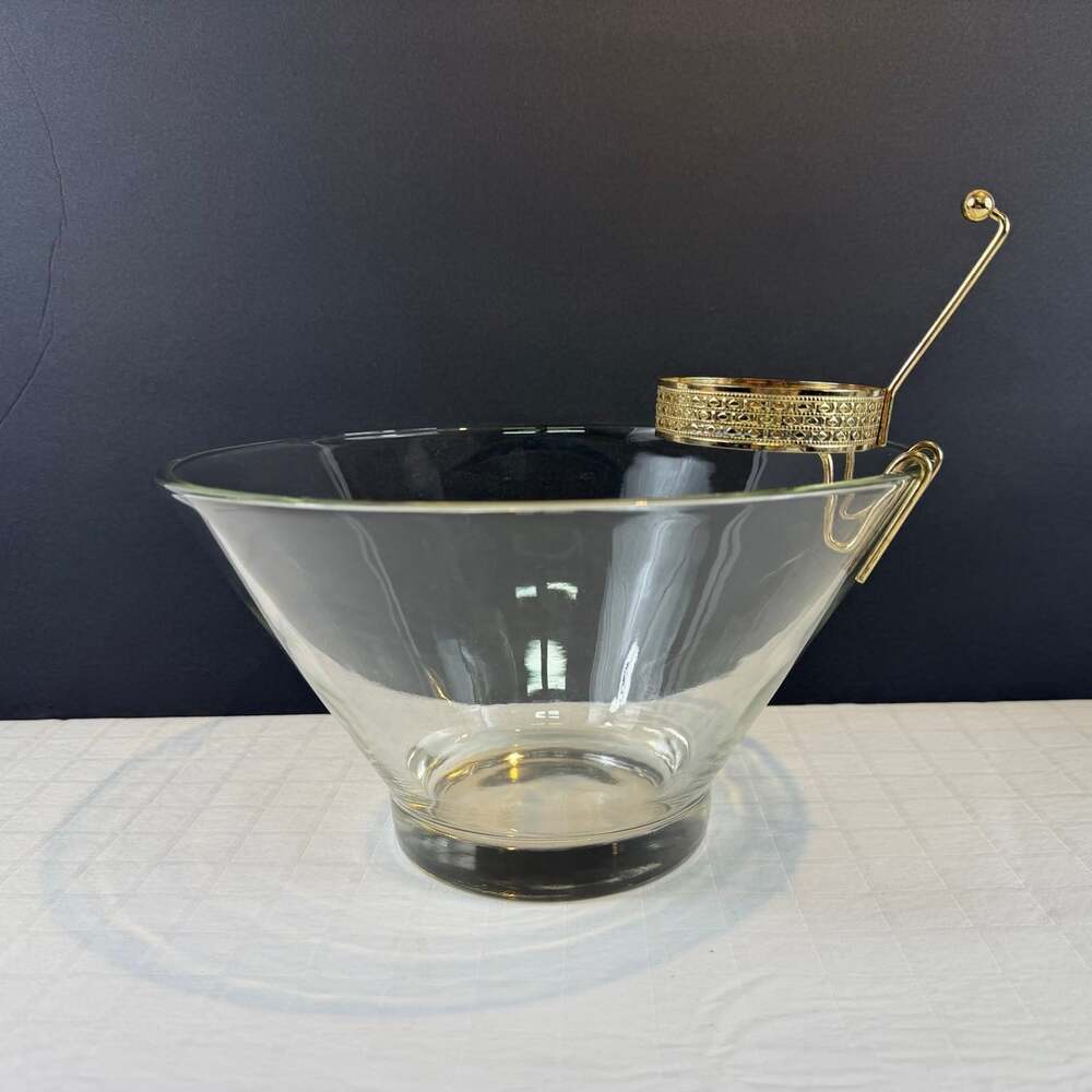 Clear Glass chip Bowl w/ Gold-Tone Metal dip bowl Holder, MCM